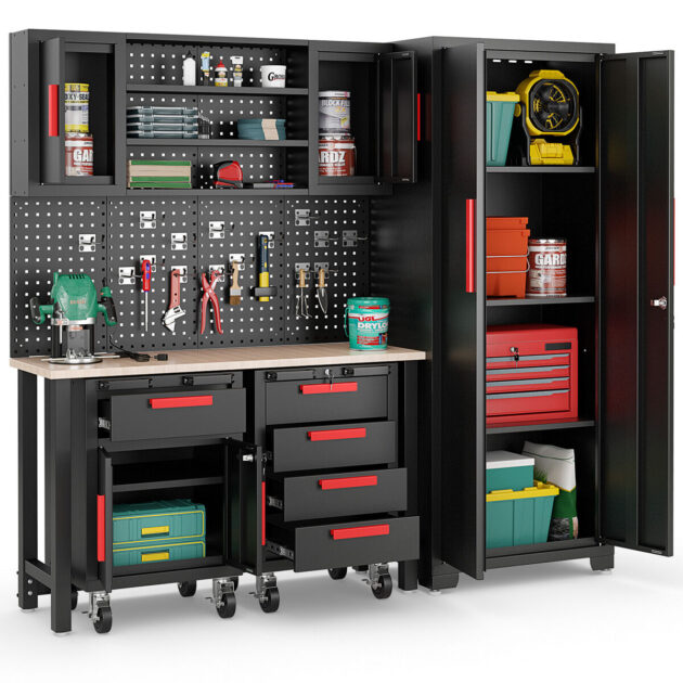 WFX Utility™ 6pcs Garage Cabinets And Storage System Set With Pegboard & Rubber Wood Worktop - Image 2